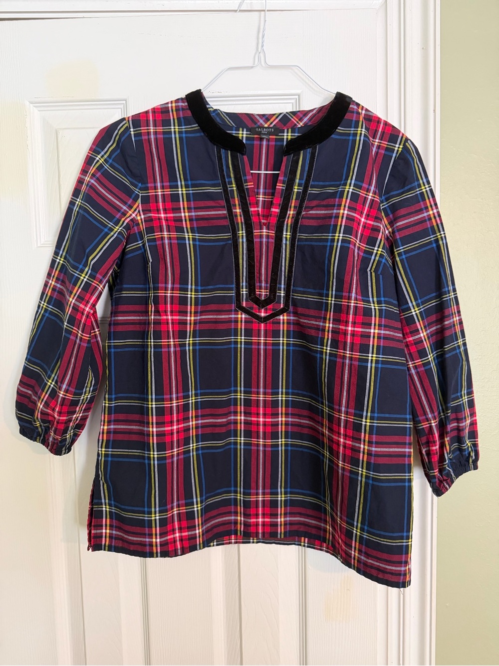 Talbots Navy Plaid Tunic with Pink & Yellow Accents Medium Petite